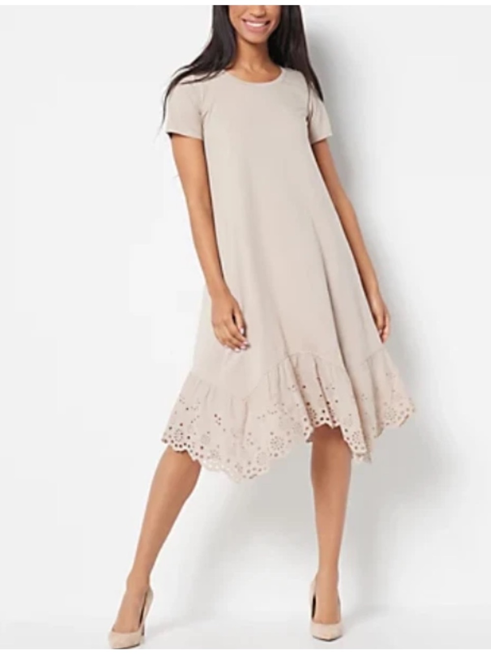 LOGO by Lori Goldstein Dorothy Taupe Eyelet Ruffle Hem Dress